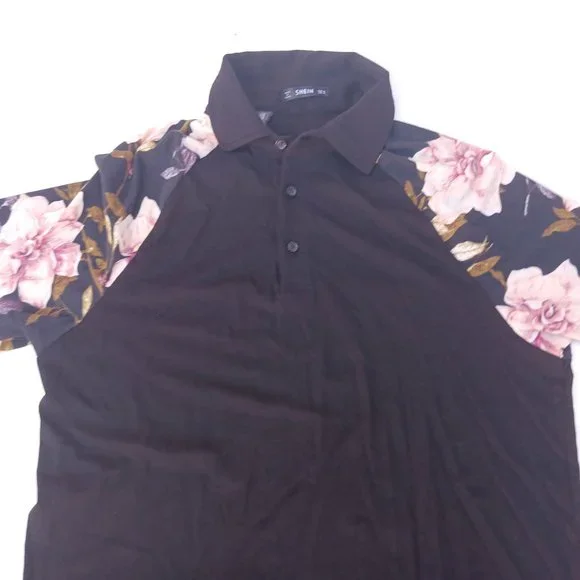 Shein Men's Size M Black Rose Short Sleeve Polo Shirt - Picture 2 of 8